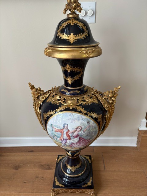 48" T. Limoges Cobalt Blue Hand Painted Porcelain Covered Urn Gilt Bronze