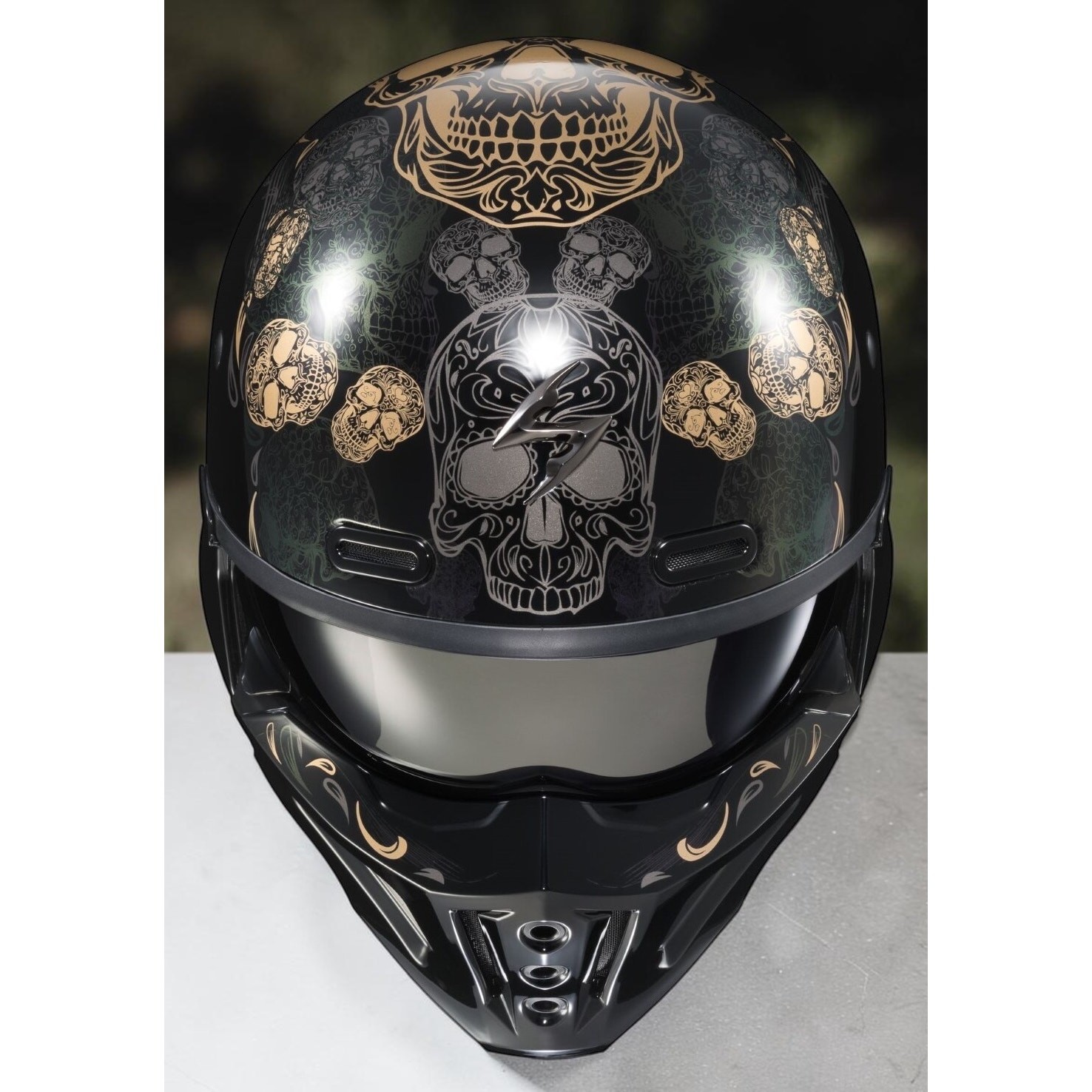 Scorpion EXO Covert X Kalavera Helmet Gold Skull Skeleton Graphic Matte Black Scorpion EXO Covert X Kalavera Helmet Gold Skull Skeleton Graphic Matte Black