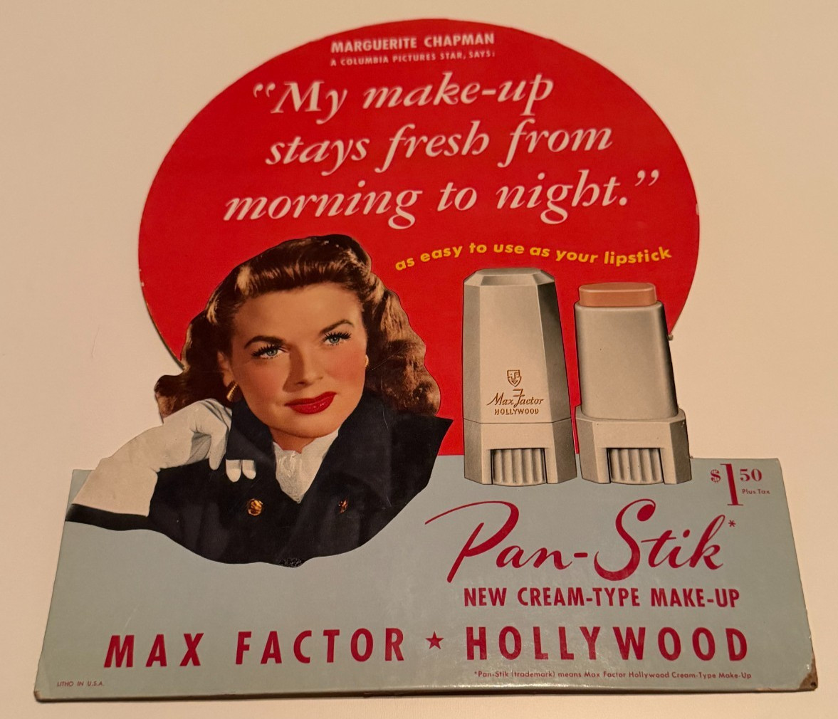 Vtg 1940s Max Factor Pan-Stik Makeup Cardboard Standee Sign Marguerite Chapman Vtg 1940s Max Factor Pan-Stik Makeup Cardboard Standee Sign Marguerite Chapman