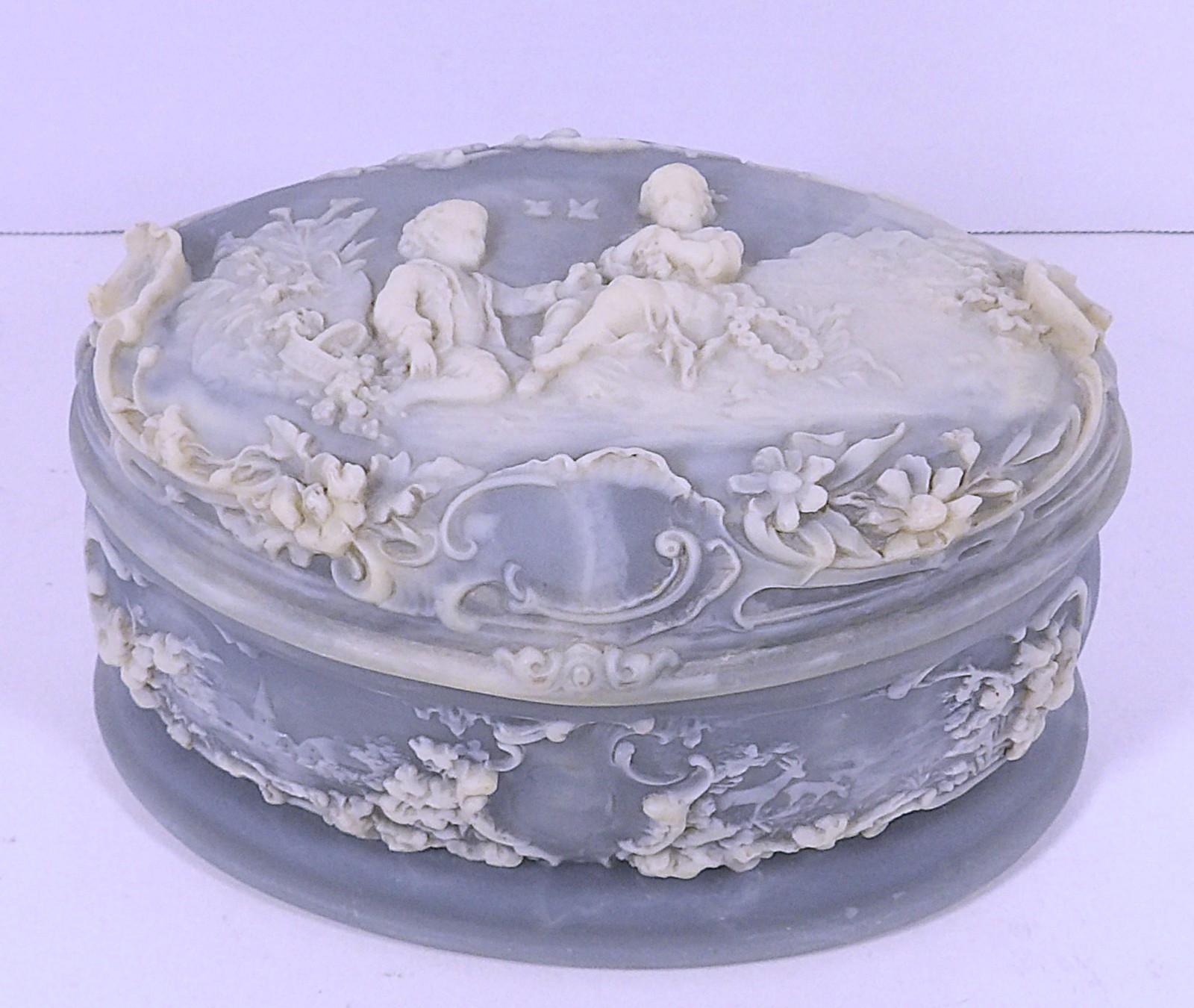 VINTAGE BLUE INCOLAY STONE JEWELRY BOX CHILDREN WEAVING FLOWER WREATHS VINTAGE BLUE INCOLAY STONE JEWELRY BOX CHILDREN WEAVING FLOWER WREATHS