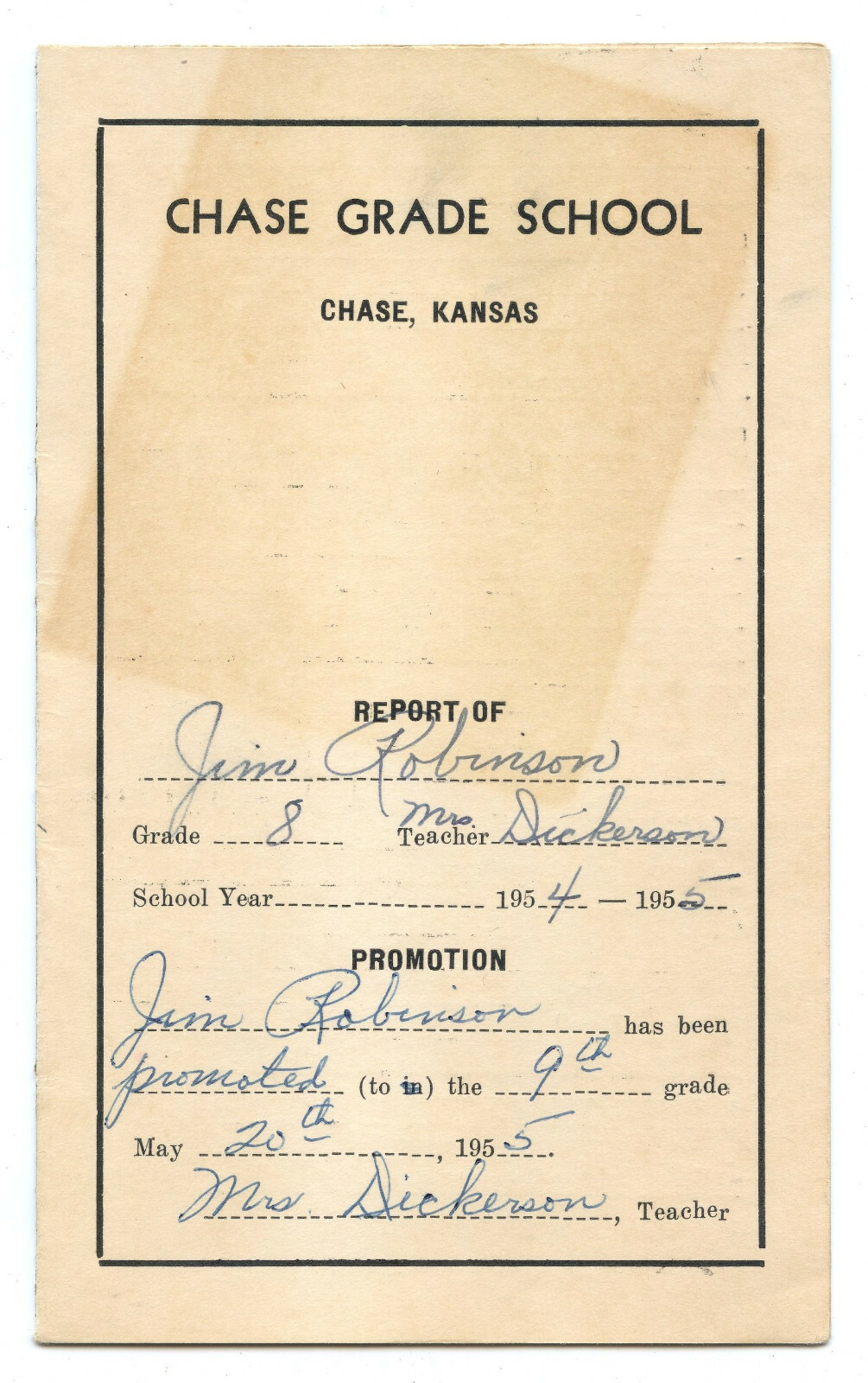 Chase Grade School Chase Kansas Vintage 1954-1955 8th Grade Report Card Chase Grade School Chase Kansas Vintage 1954-1955 8th Grade Report Card