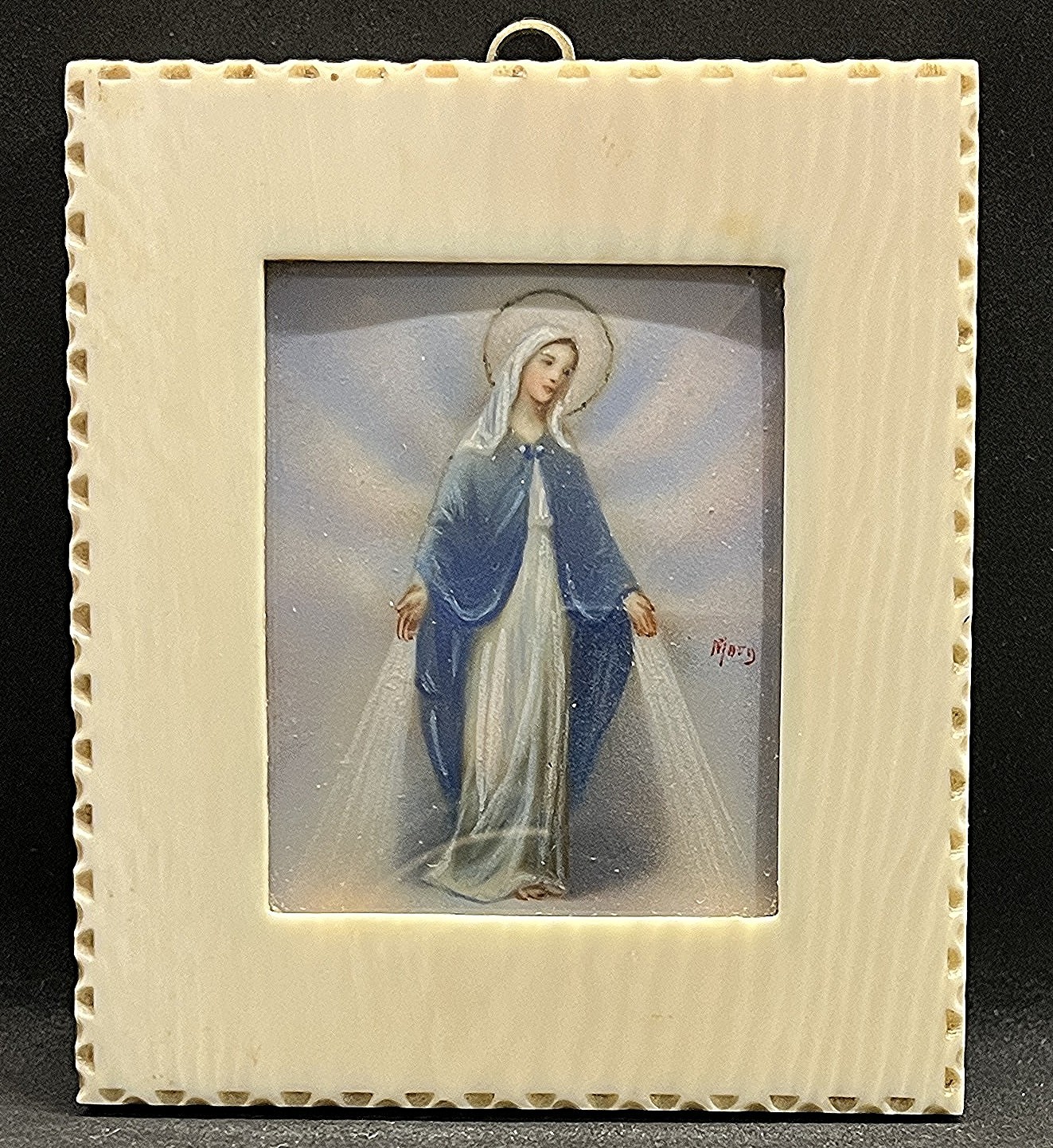France 1920 Antique Miraculous Virgin Mary Bombe Glass Hand Painted Signed France 1920 Antique Miraculous Virgin Mary Bombe Glass Hand Painted Signed