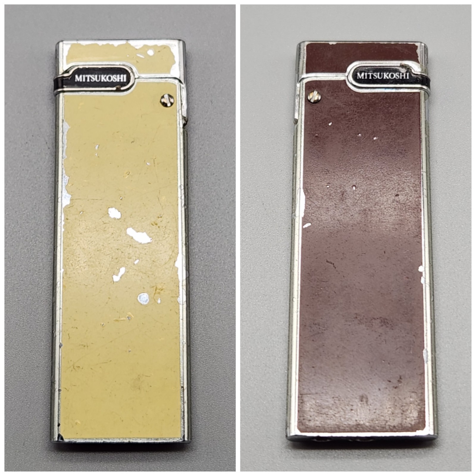Vtg Mitsukoshi Thinnest Lighter RARE Collectible Yellow Brown Dual Sided Japan Vtg Mitsukoshi Thinnest Lighter RARE Collectible Yellow Brown Dual Sided Japan
