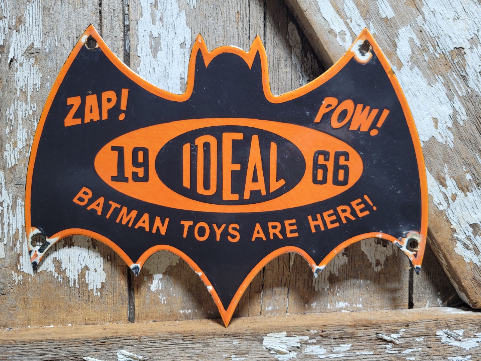 VINTAGE IDEAL PORCELAIN SIGN OLD 1966 12" BAT SHAPED CARTOON CHILDS TOY HERO POW