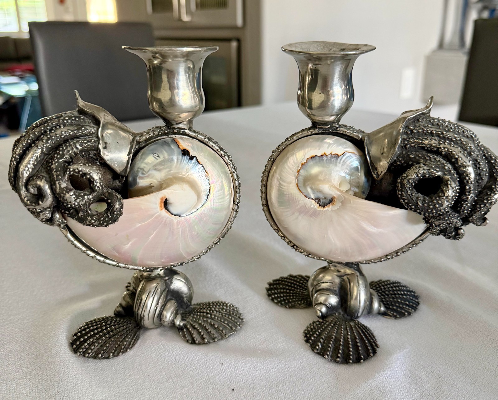 Lazaro NY Pewter Nautilus Shell Octopus Candlestick Holders Pair Vintage Lazaro NY Pewter Nautilus Shell Octopus Candlestick Holders Pair Vintage