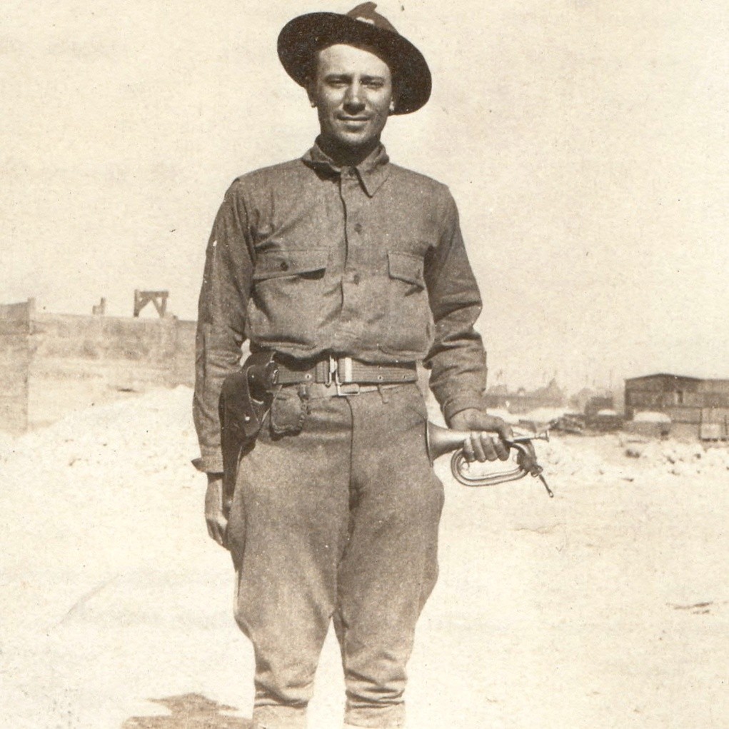 c1910s WWI Era US Army Bugler Soldier Campaign Hat Snapshot Photo Holster Horn c1910s WWI Era US Army Bugler Soldier Campaign Hat Snapshot Photo Holster Horn