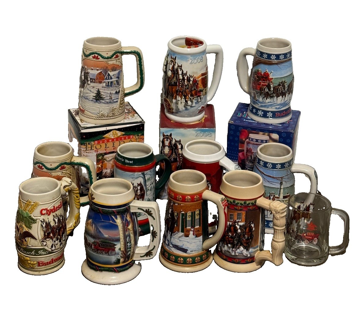 Lot 12 Vintage Budweiser Holiday Glasses, Steins, 3 Boxed, 1 Promotional, 1 Mug Lot 12 Vintage Budweiser Holiday Glasses, Steins, 3 Boxed, 1 Promotional, 1 Mug