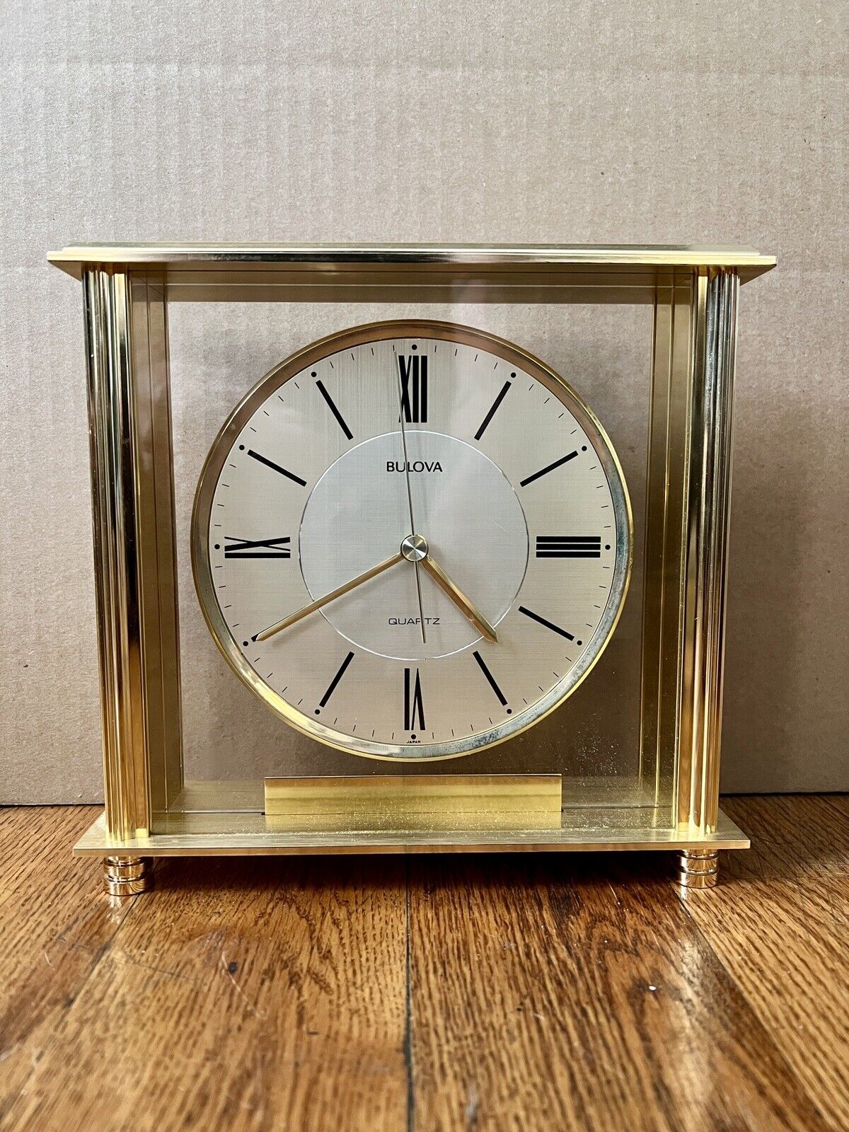 Vintage BULOVA Brass ’Grand Prix’ Quartz Mantle Desk Clock with Engraving Plate