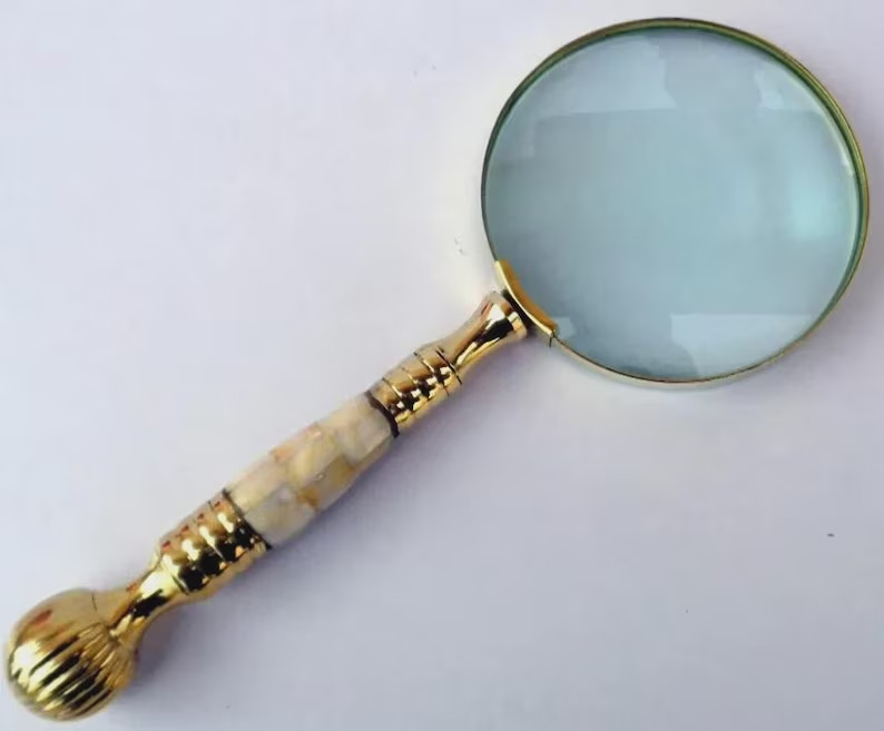 Vintage Brass Magnifying Glass: Mother of Pearl Handle, Map Reading gift for eve Vintage Brass Magnifying Glass: Mother of Pearl Handle, Map Reading gift for eve