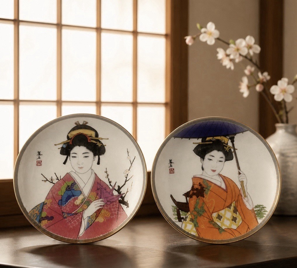Vintage Japanese Geisha Porcelain Plates Set 2 Bijin-ga Kimono Gold Gilt Japan Vintage Japanese Geisha Porcelain Plates Set 2 Bijin-ga Kimono Gold Gilt Japan