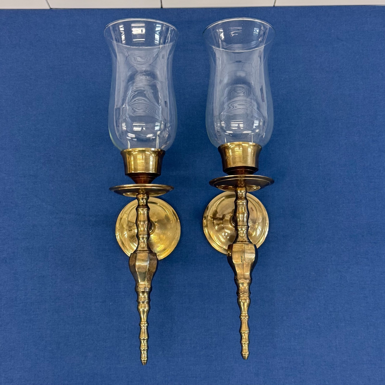 Vintage Solid Brass Hurricane Candle Wall Sconces Pair