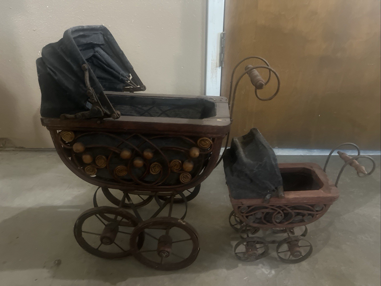 Antique Victorian Baby Doll Stroller Vintage Wicker Wood Iron. Set of 2 Antique Victorian Baby Doll Stroller Vintage Wicker Wood Iron. Set of 2