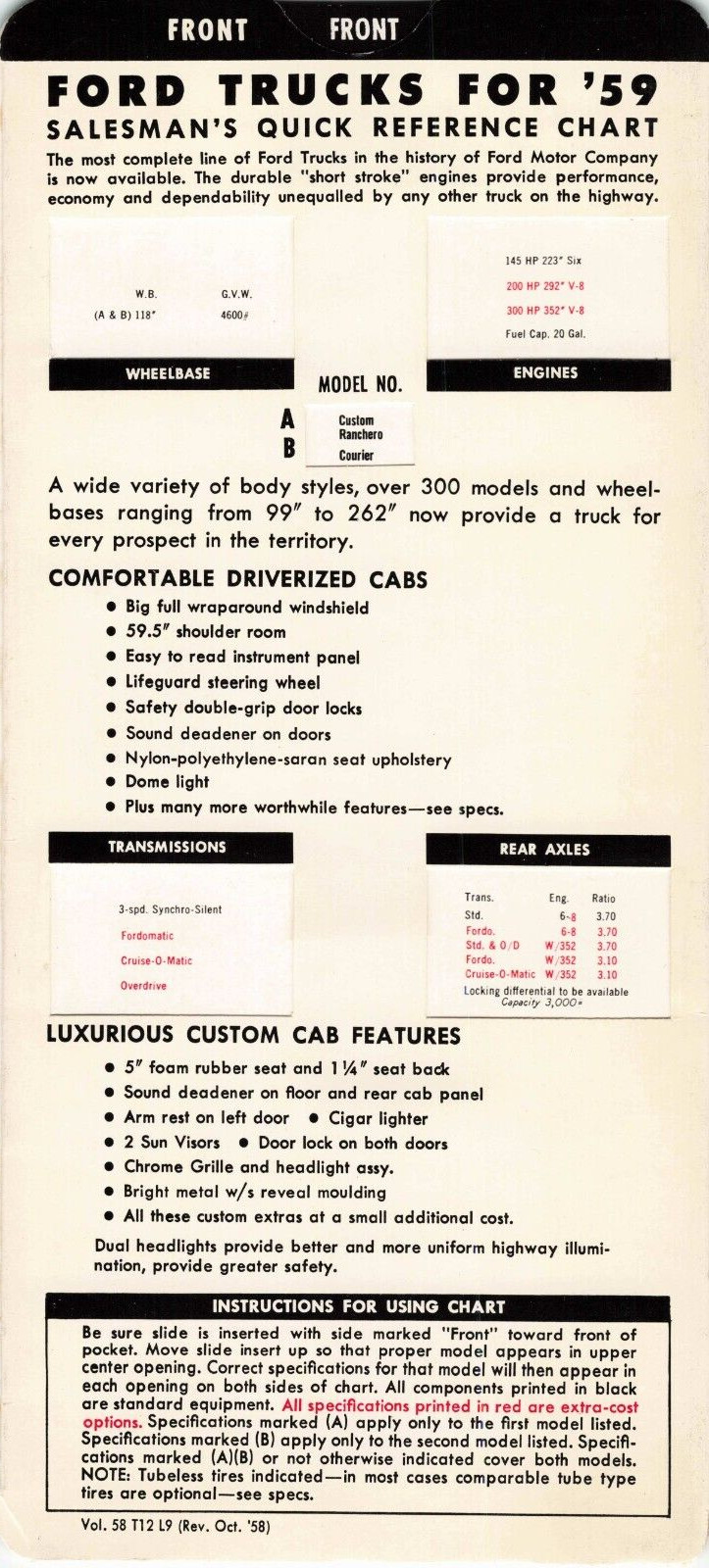 Vintage 1959 Ford trucks Salesman Quick Reference Chart Vintage 1959 Ford trucks Salesman Quick Reference Chart