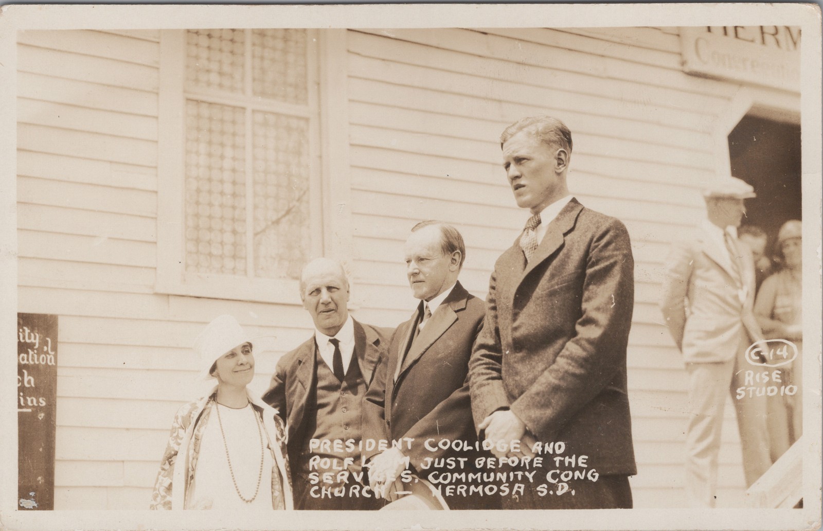 RPPC President Coolidge & Rolf Lium Community Church Hermosa SD 1927 Real Photo