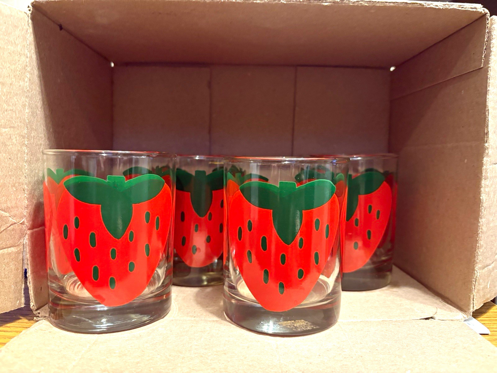 Vintage MCM Set of 4 Clear Indiana Glass Strawberry Lowball Drinking Glasses