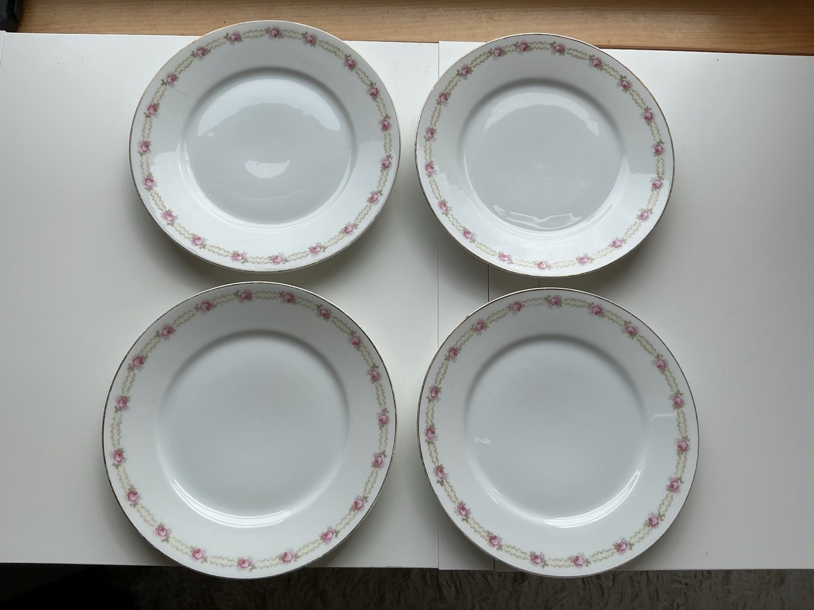 4 Vintage Jaeger & Co. Bavaria Porcelain Plate With Pink Rose Floral Motif 4 Vintage Jaeger & Co. Bavaria Porcelain Plate With Pink Rose Floral Motif