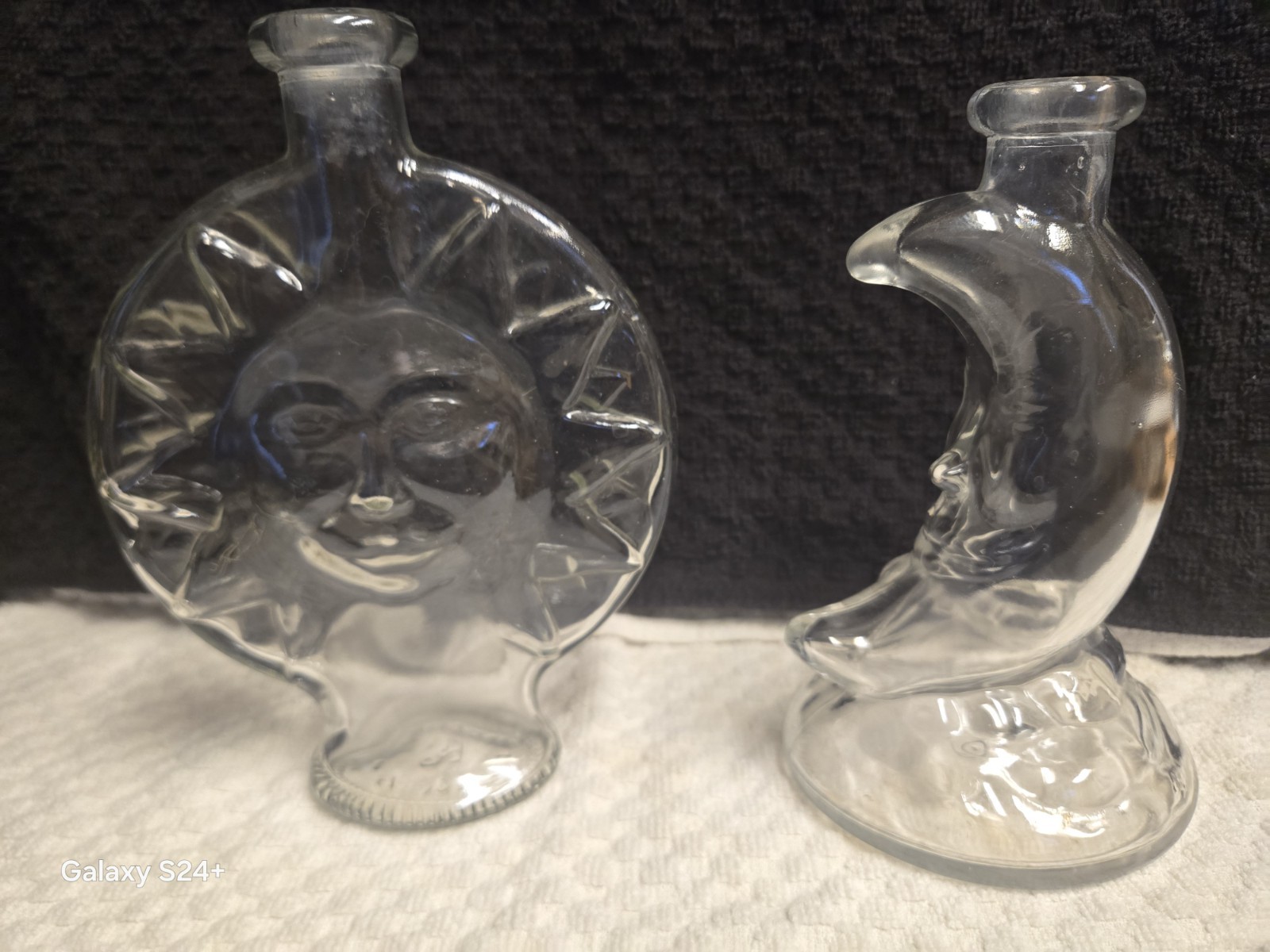 Vintage Clear Glass Sun & Moon Figural Bottles Celestial Decor Set of 2 Vintage Clear Glass Sun & Moon Figural Bottles Celestial Decor Set of 2