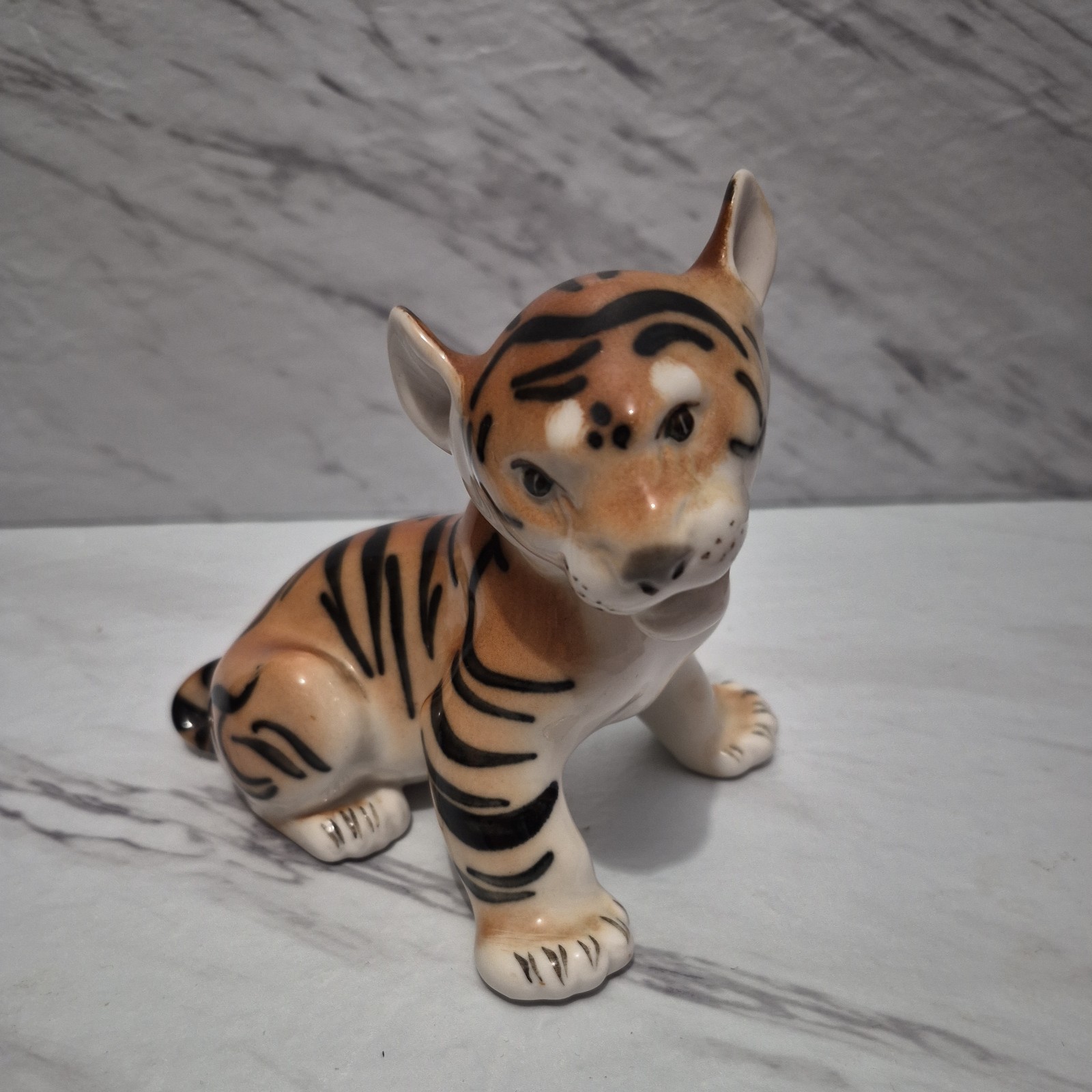LFZ Lomonosov Vintage Porcelain Tiger Figurine USSR Baby Tiger Sitting 5-5 Inch