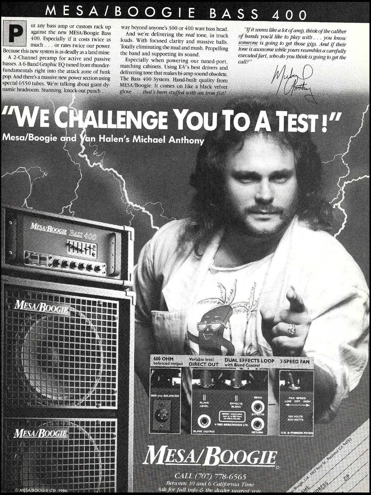 Van Halen Michael Anthony 1986 Mesa Boogie Bass 400 Guitar Amp b/w print