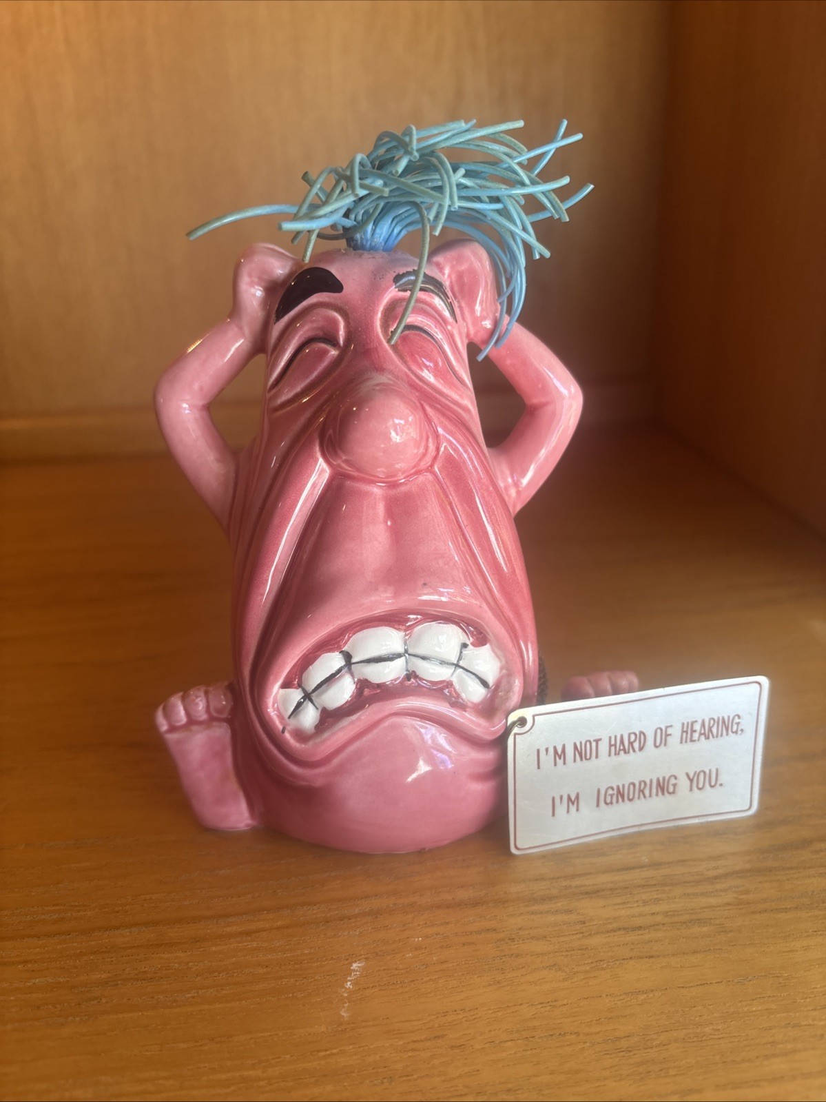 Vintage Kreiss Psycho Ceramics Pink Funny Face Figurine Blue Hair Japan w/ Tag Vintage Kreiss Psycho Ceramics Pink Funny Face Figurine Blue Hair Japan w/ Tag