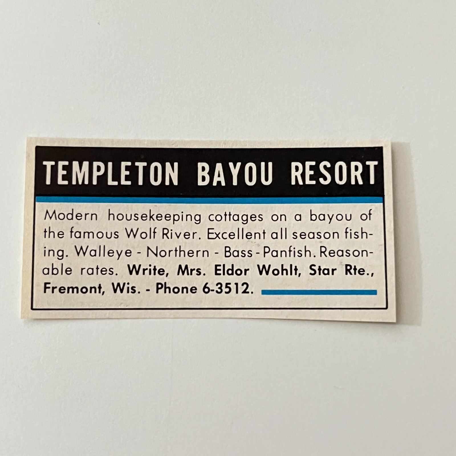 Templeton Bayou Resort Mrs Eldor Wohlt Fremont WI 1963 WI Ad TAK2-S13 Templeton Bayou Resort Mrs Eldor Wohlt Fremont WI 1963 WI Ad TAK2-S13