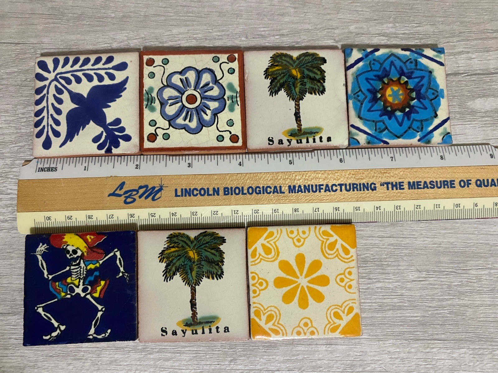 Lot 7 Talavera 2x2 Tiles Folk Art Handmade Sayulita Dancing Dead Blue White Lot 7 Talavera 2x2 Tiles Folk Art Handmade Sayulita Dancing Dead Blue White