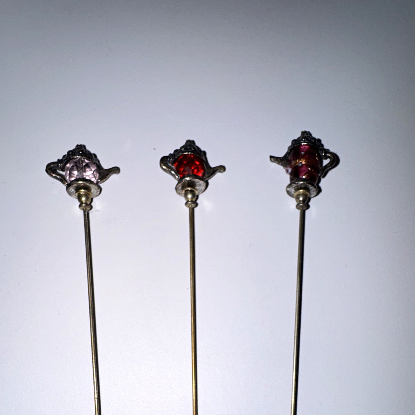 Lot of 3 Collectible Metal Hatpins with Decorative Red Rhinestone Tops