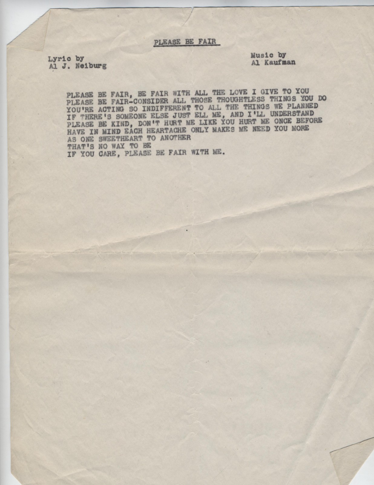 Vintage Lyric Sheet PLEASE BE FAIR Al J. Neiburg Al Kaufman 1930s Big Band Jazz
