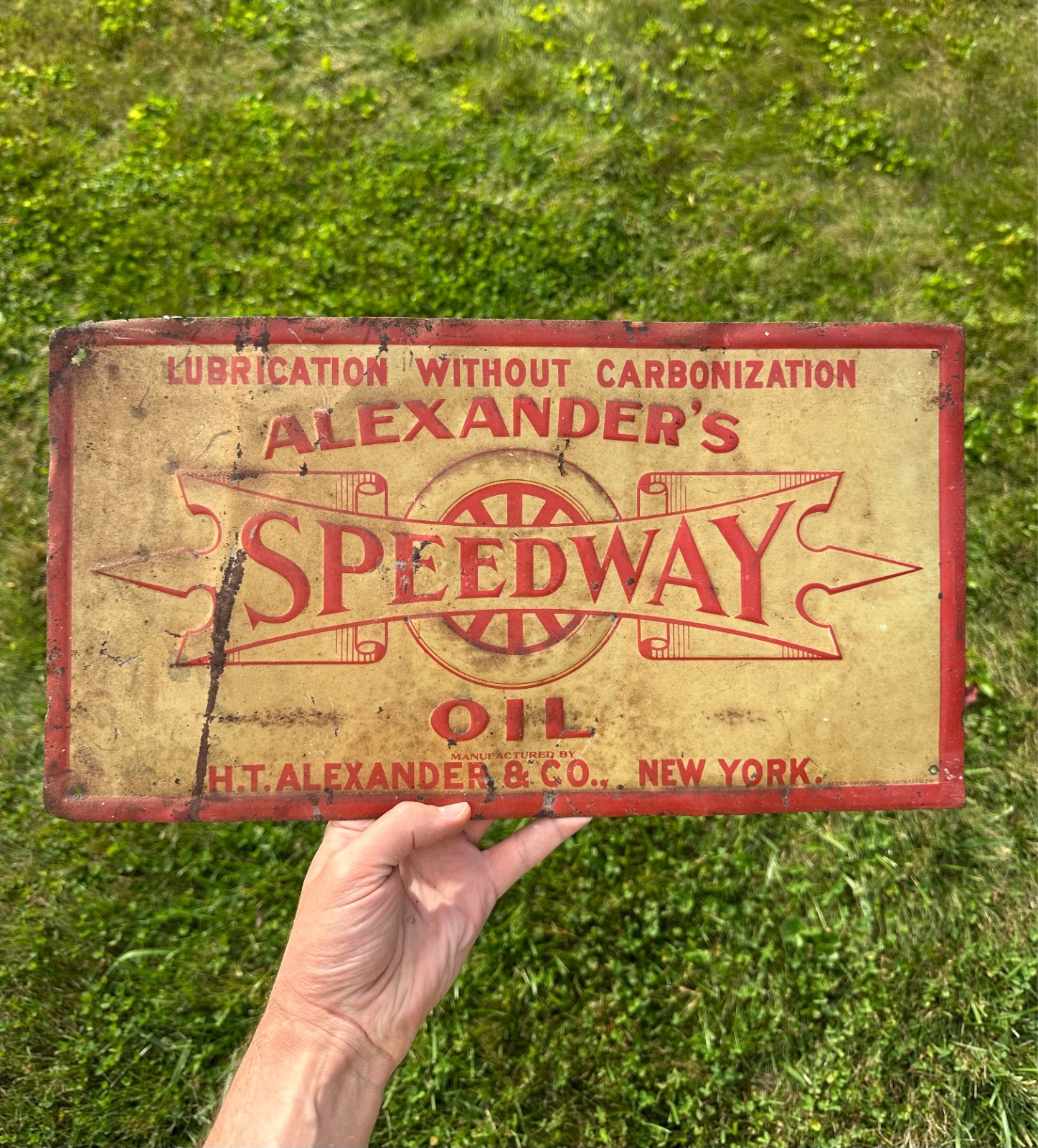 Rare Alexander's Speedway Oil 1910s Era Gas & Oil Embossed Tin Tacker Sign EARLY Rare Alexander's Speedway Oil 1910s Era Gas & Oil Embossed Tin Tacker Sign EARLY