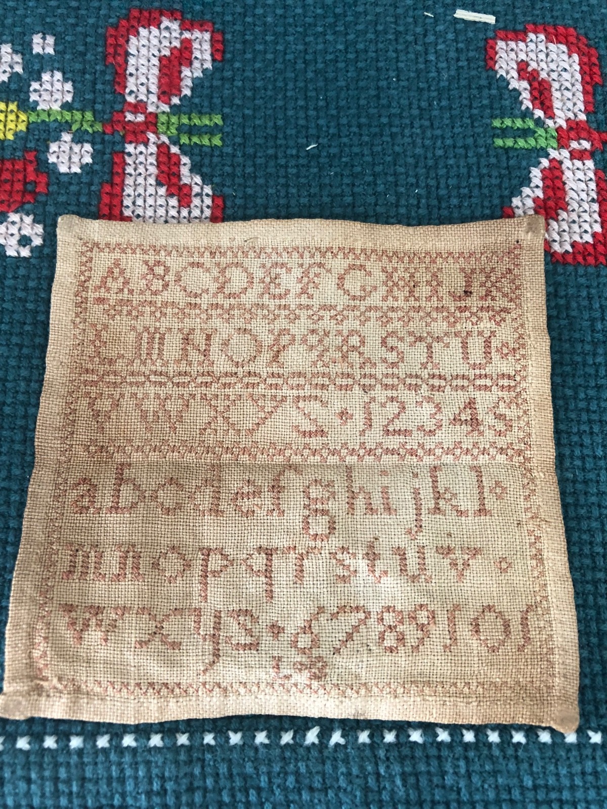 Antique Miniature Needlework Alphabet Sampler Fine Linen Red Silk Floss c1840s