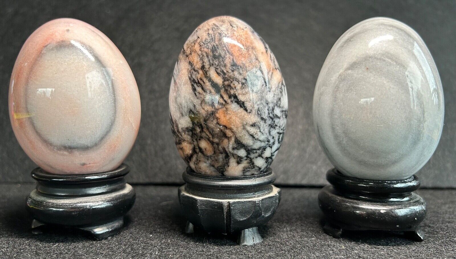 3 Vintage Hand Carved Alabaster Stone Marble Eggs with stands Pink Gray Black