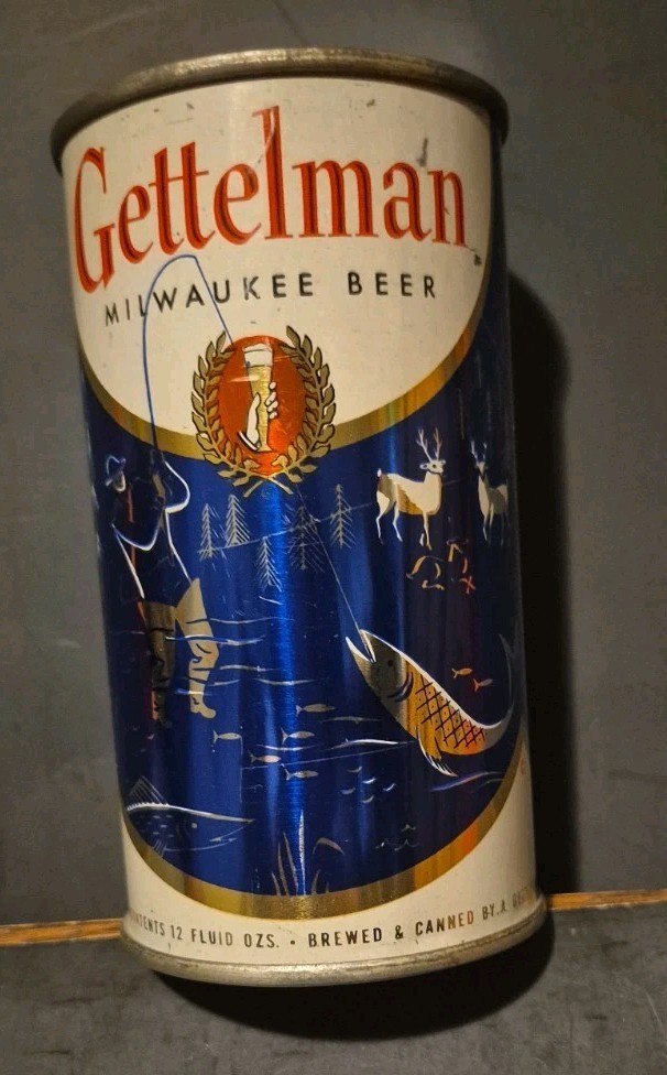 1950's VERY RARE Gettlemans Sportmans Beer Series Blue Fishing Flat Top Csn 1950's VERY RARE Gettlemans Sportmans Beer Series Blue Fishing Flat Top Csn