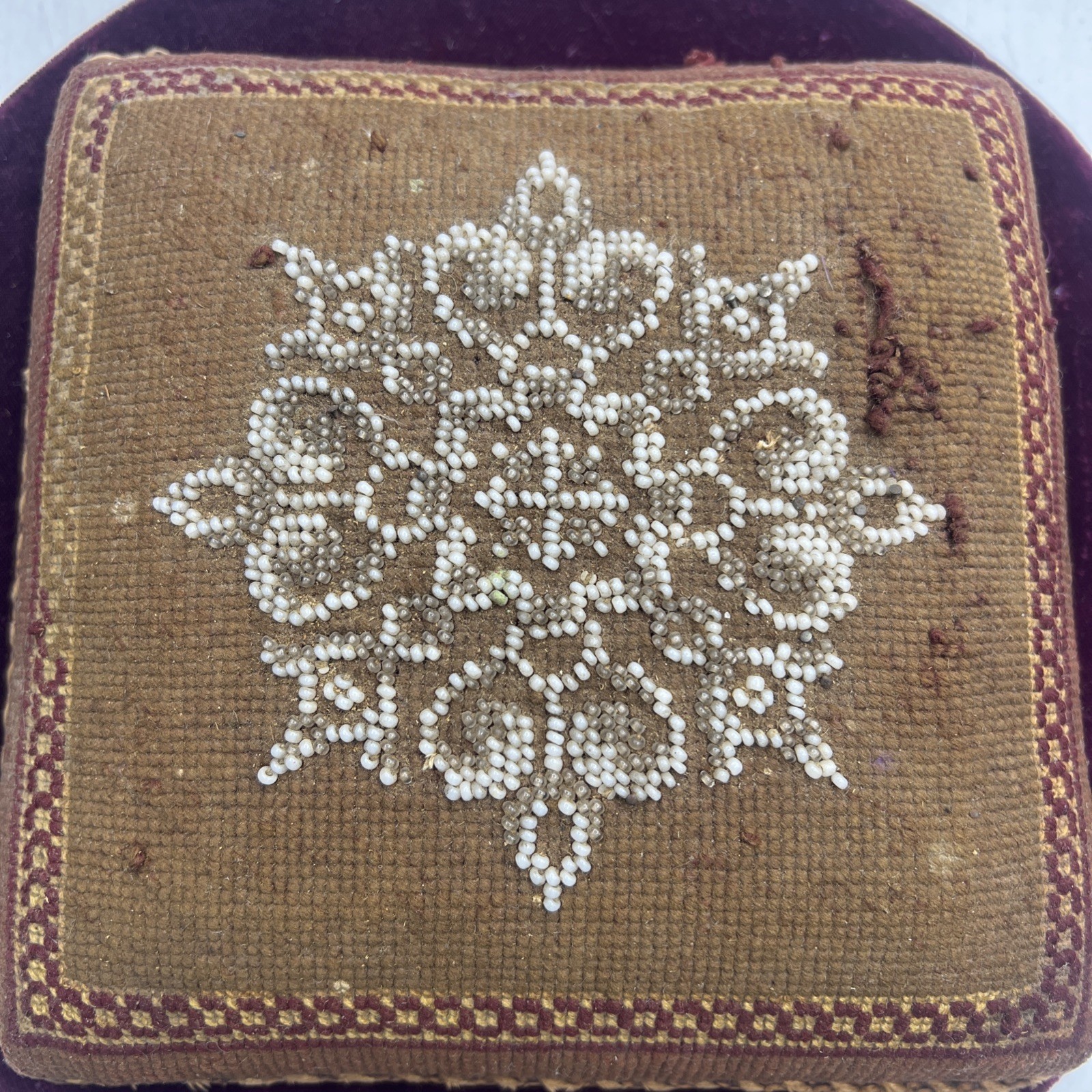 Vintage Antique Pin Cushion Needlepoint Victorian Beaded Wood Back 7”x7”