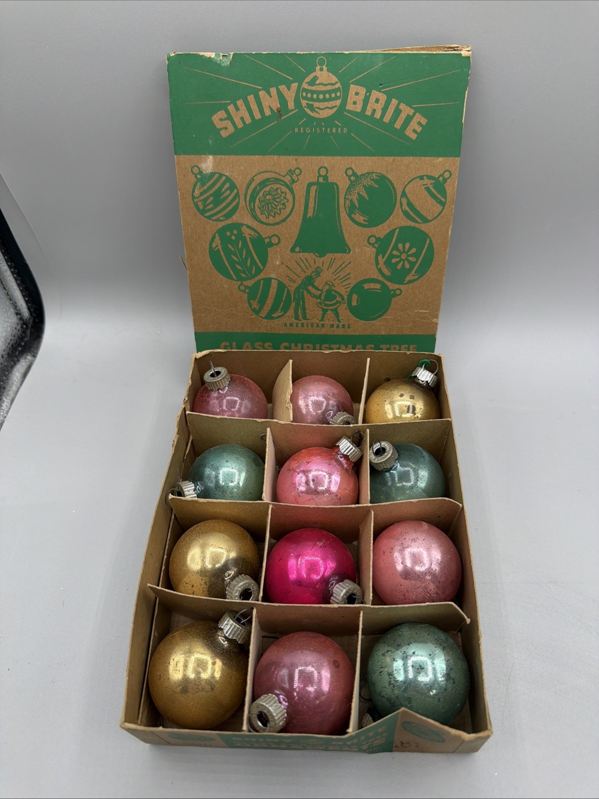 Small VTG Shiny Brite Box 12 Vintage Mercury Glass Christmas Ornaments USA