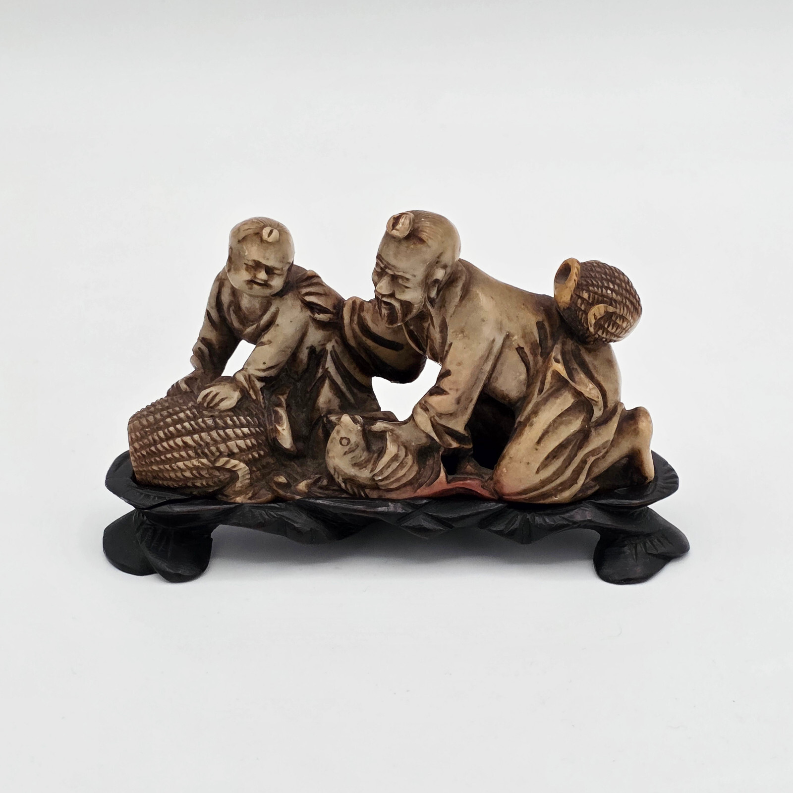Antique Chinese Carved Soapstone Fisherman Child Figural Group w Stand