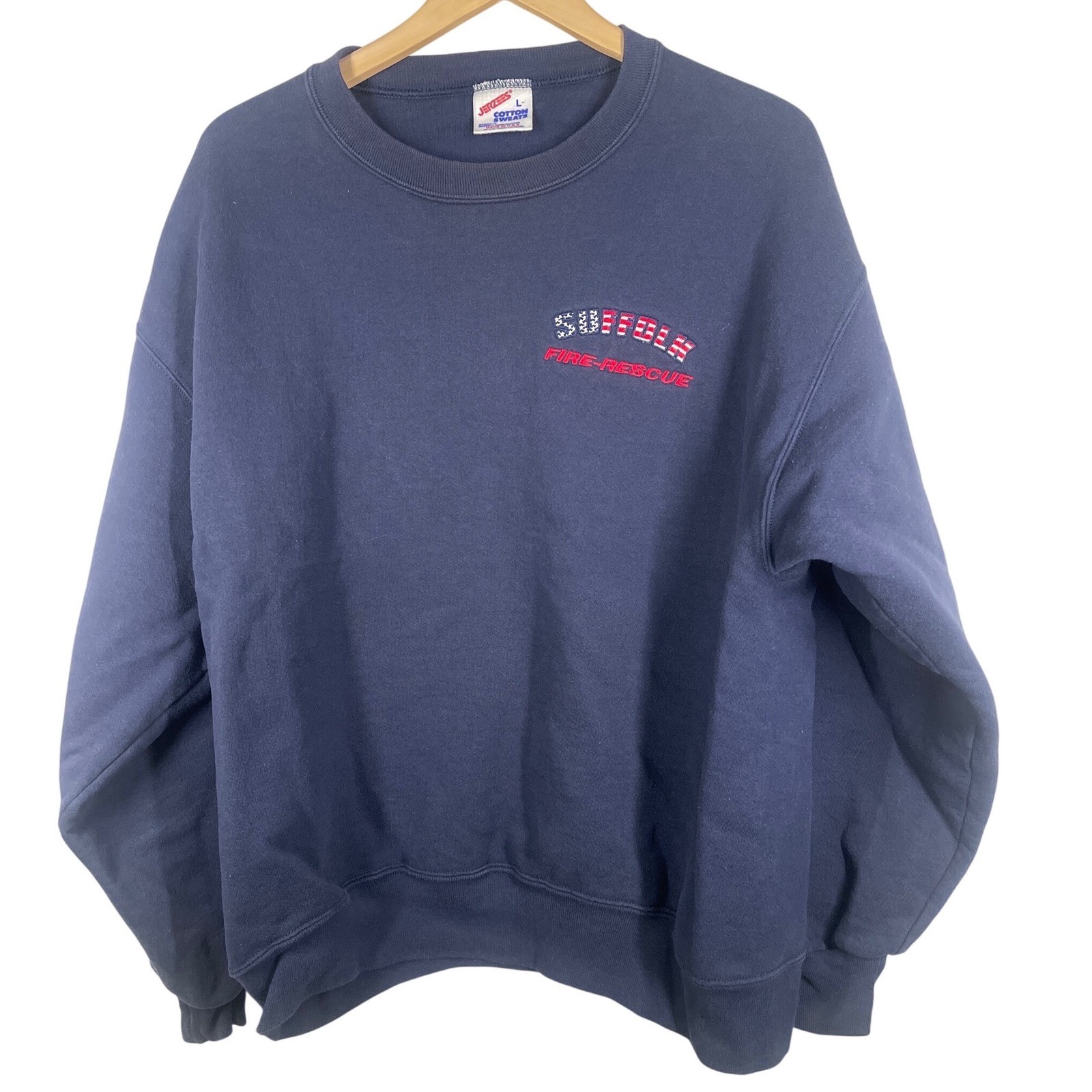 Vintage Jerzees Suffolk Fire Rescue NY Sweatshirt Navy Blue L Made USA Crewneck
