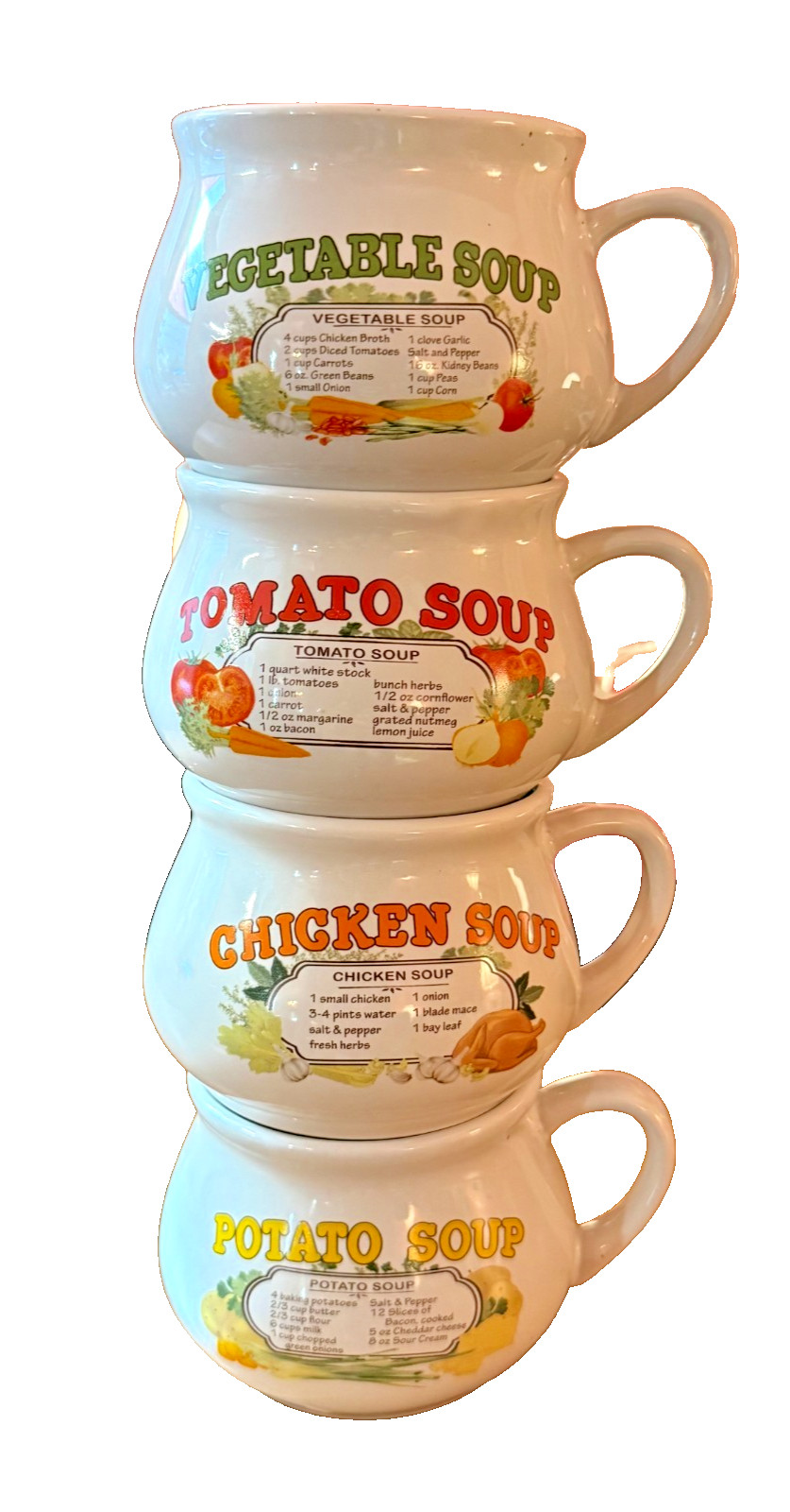 Vintage Dat'l Do-It Soup Recipe Mugs Set of 4 Vegetable Tomato Chicken Potato