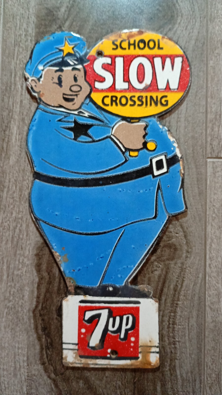 Vintage 7up School Crossing Sign: Porcelain Enamel Metal, 8" x 4" Vintage 7up School Crossing Sign: Porcelain Enamel Metal, 8" x 4"