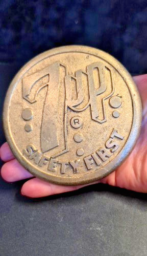 Vintage 1930’s 7UP Safety First Brass Sidewalk Street Marker 4” Soda Advertising