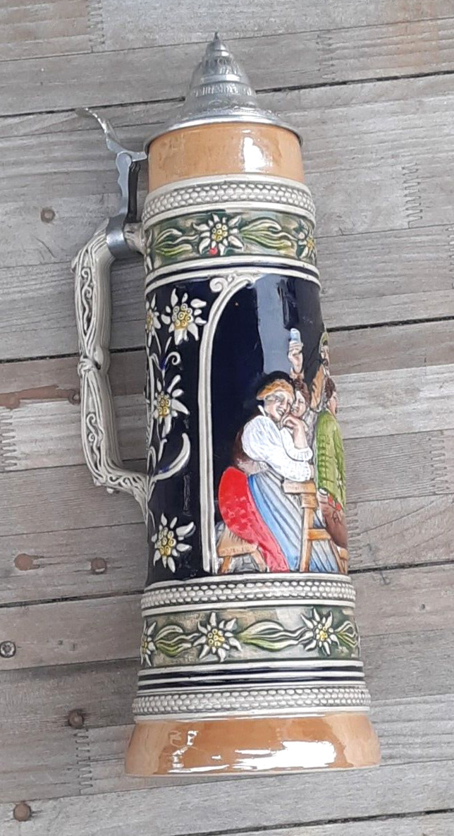Excellent Vintage Gerzit German Beer Stein 2 Liter 16" Tall Germany Pewter Lid