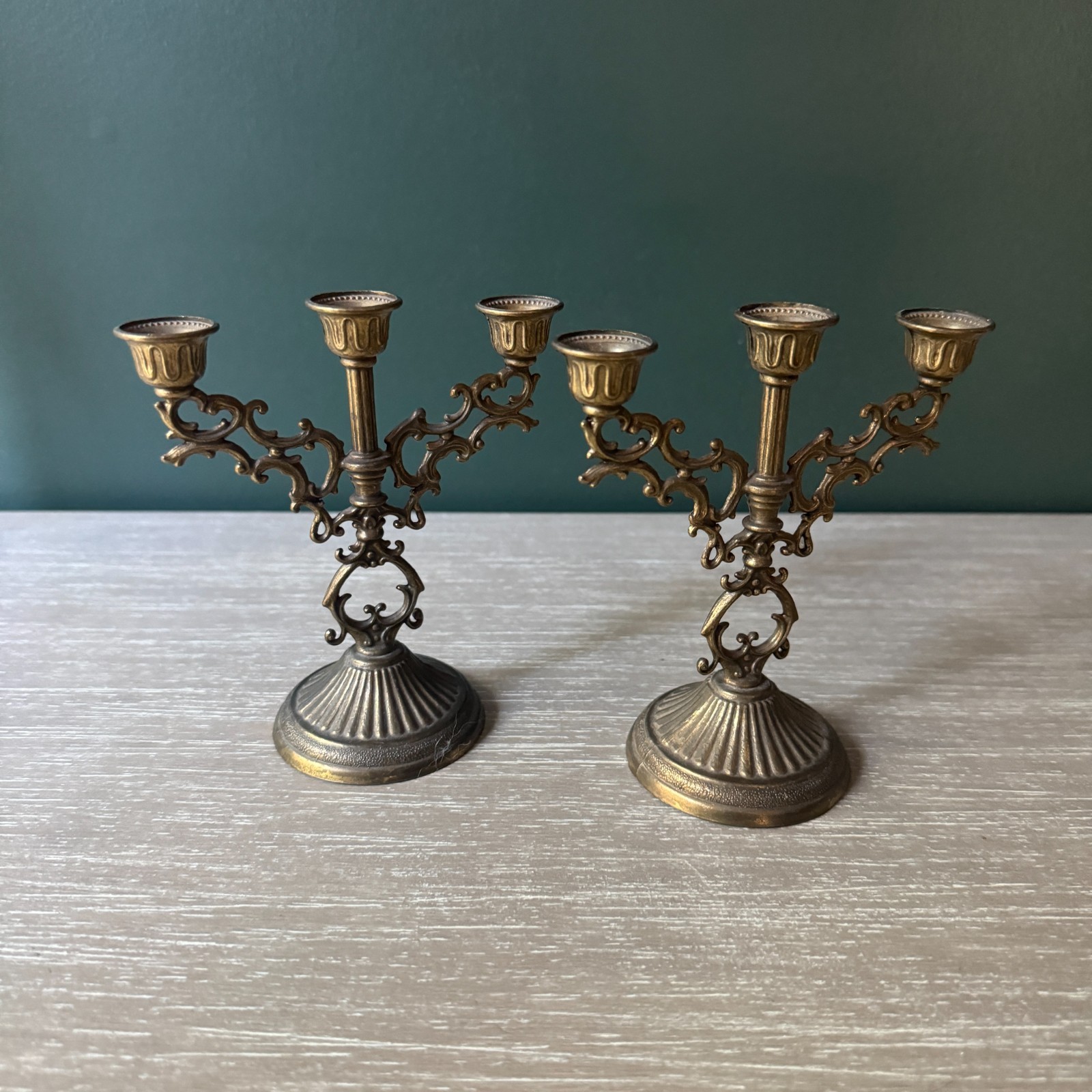 Interpur Italy Mini 5" Brass Tone 3 Arm Candelabra Pair Rococo Candle Vintage Interpur Italy Mini 5" Brass Tone 3 Arm Candelabra Pair Rococo Candle Vintage