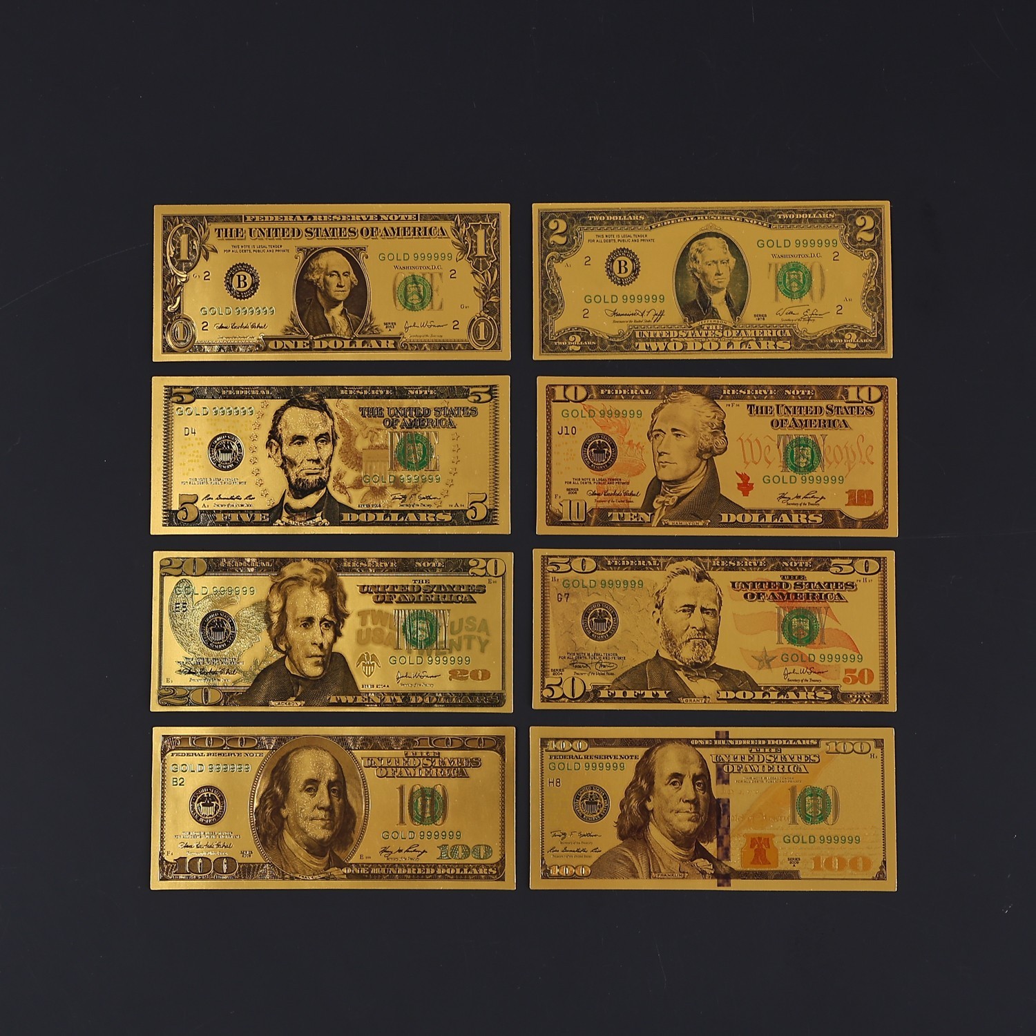 SET, US $1, $2, $5, $10, $20, $50 & $100, 8Pcs GOLD FOIL Banknote Bill, UNC SET, US $1, $2, $5, $10, $20, $50 & $100, 8Pcs GOLD FOIL Banknote Bill, UNC