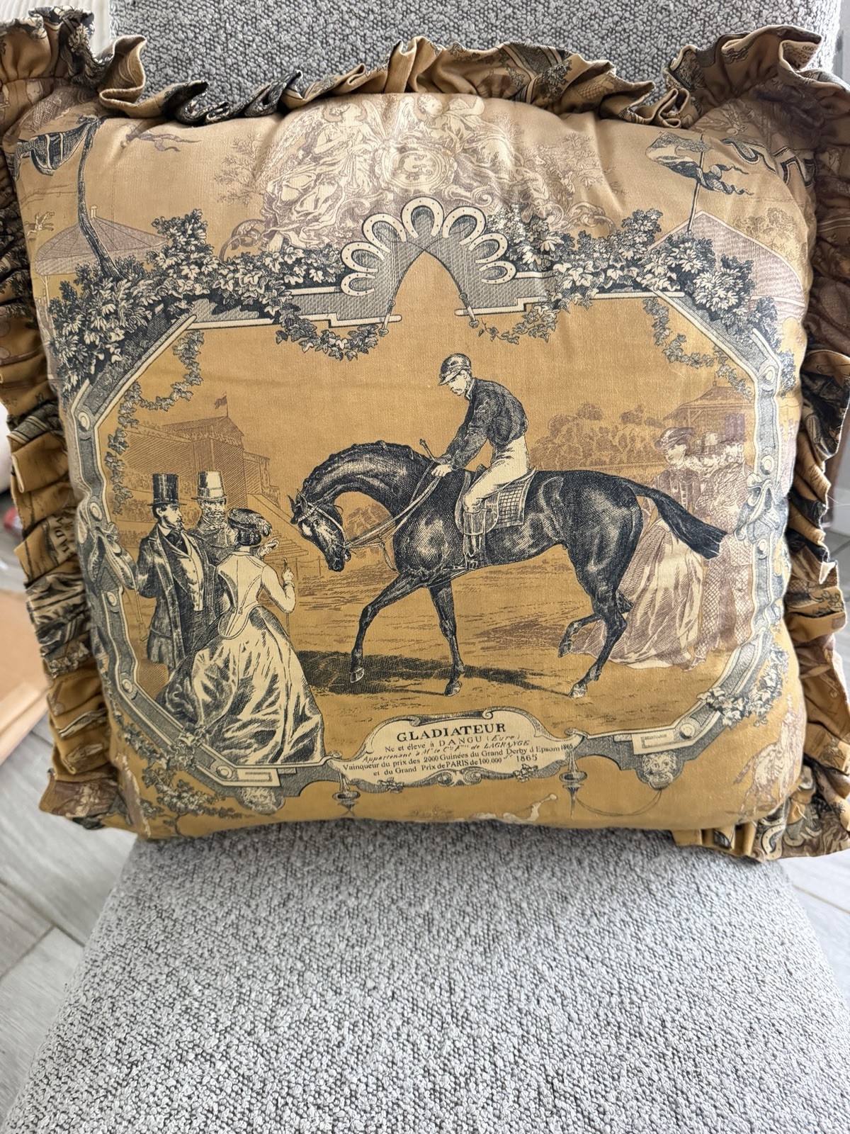 Vintage French Equestrian Gladiateur 1865 Horse Racing Pillow Ruffled Toile Vintage French Equestrian Gladiateur 1865 Horse Racing Pillow Ruffled Toile