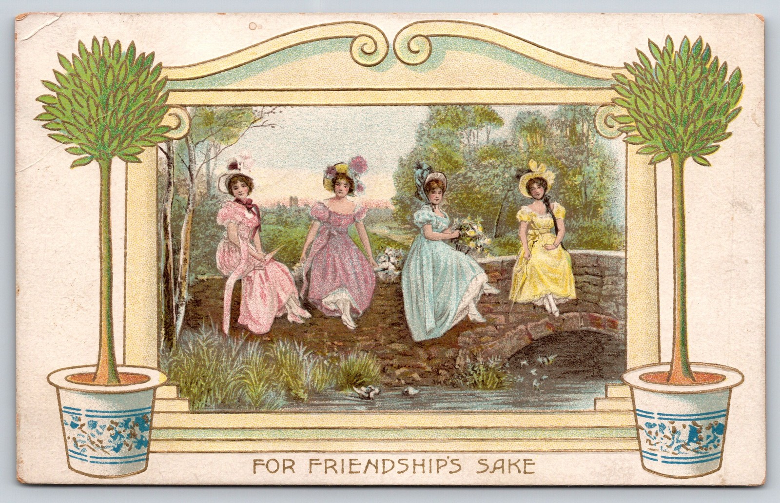 Edwardian Ladies Sit On Stone Bridge~Potted Plants~AMP~c1910 Vintage Postcard Edwardian Ladies Sit On Stone Bridge~Potted Plants~AMP~c1910 Vintage Postcard