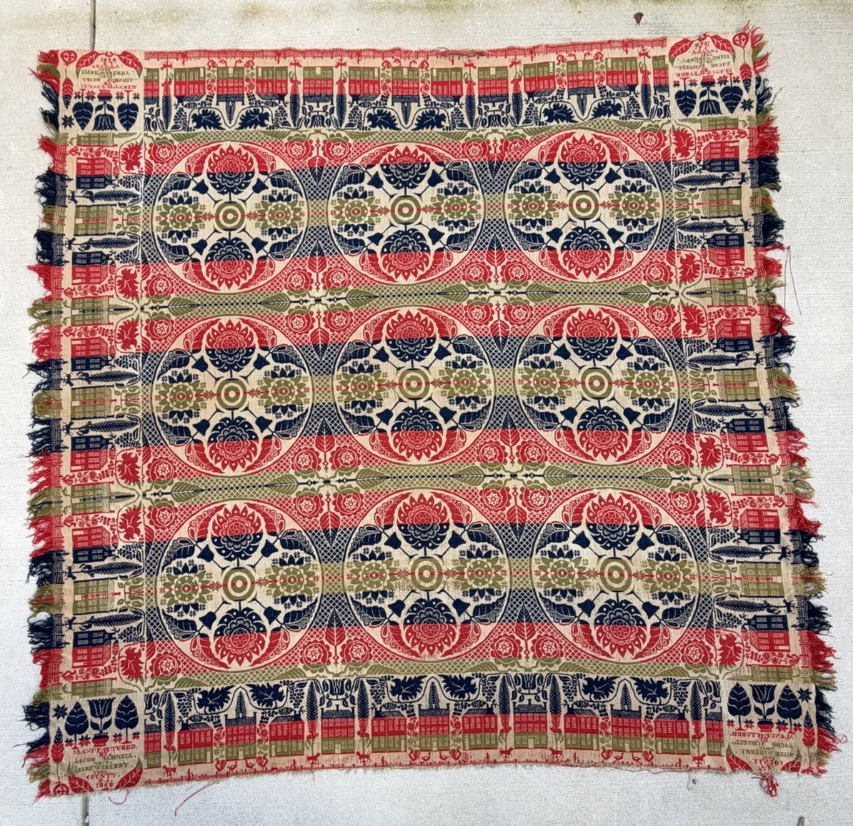 Antique 1850s Jacquard Coverlet Signed Jacob Schnell York County PA Red Blue B17 Antique 1850s Jacquard Coverlet Signed Jacob Schnell York County PA Red Blue B17