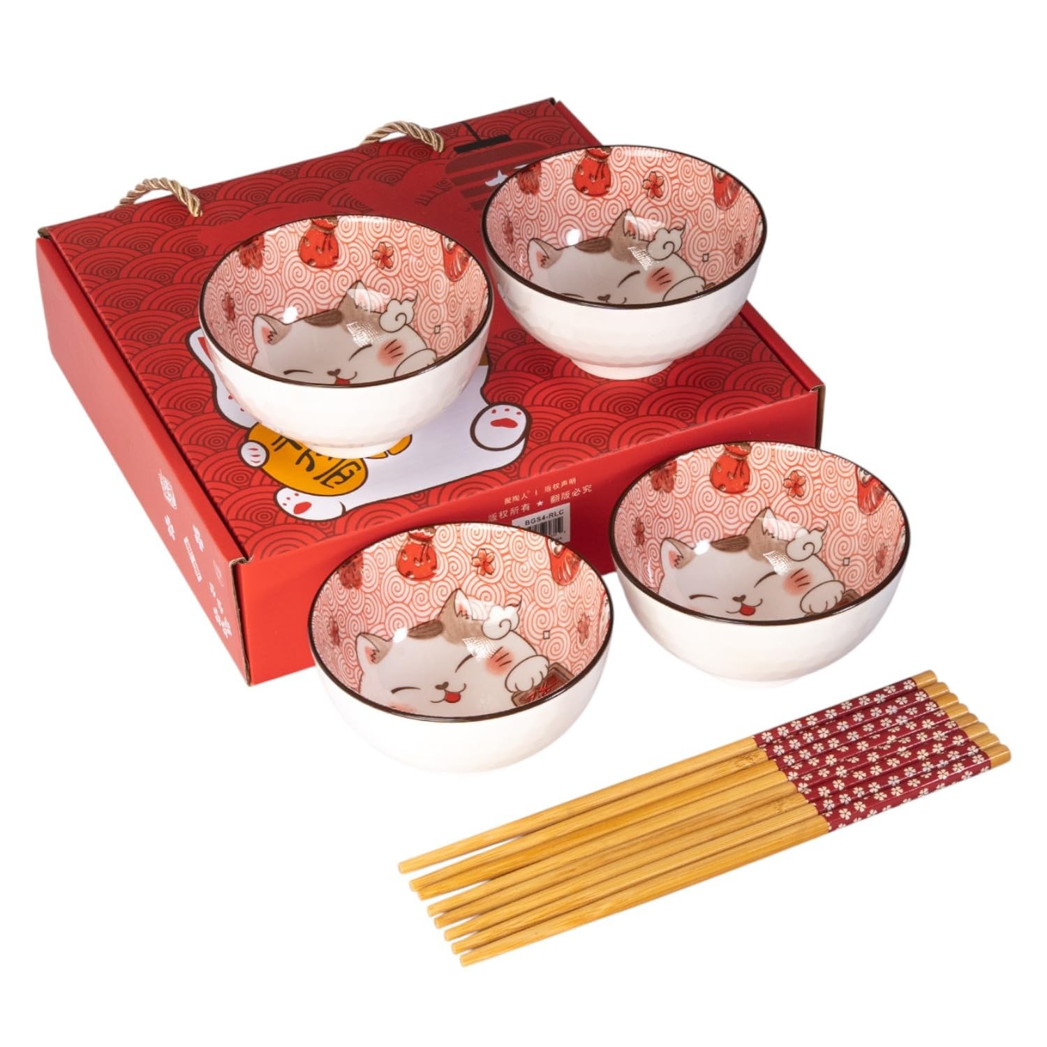 Urban Tokyo Maneki Neko Lucky Cat Rice Bowl Set with Chopsticks, 4-Piece Urban Tokyo Maneki Neko Lucky Cat Rice Bowl Set with Chopsticks, 4-Piece