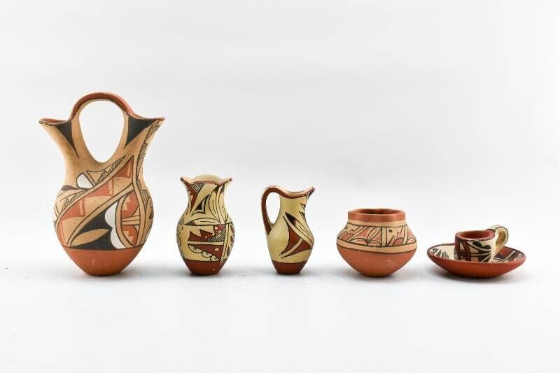 Six Southwest Pueblo-Style Pottery Including cup saucer made in Jemez Pueblo NM