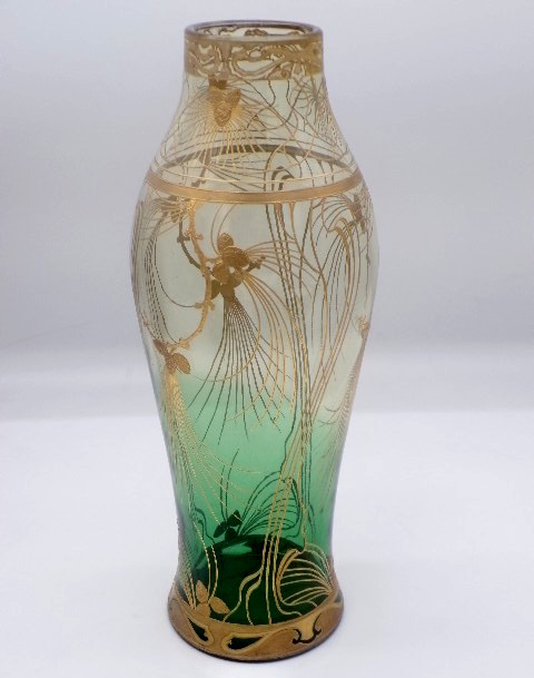 14" Antique Bohemian Green to Clear Enameled & Gold Pine Art Nouveau Glass Vase