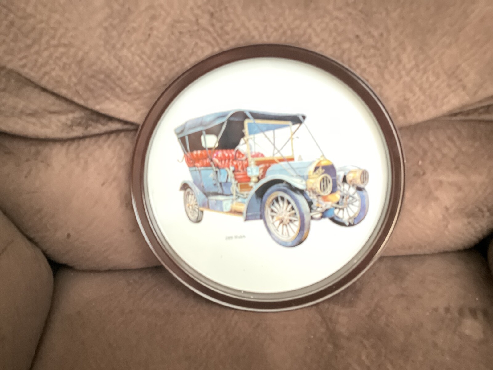 Vintage 1909 Welch Collectors Tin Plate Car Blue 11” Round Vintage 1909 Welch Collectors Tin Plate Car Blue 11” Round