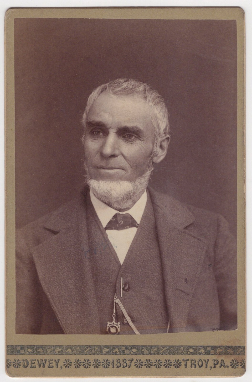 PORTRAIT OF IDENTIFIED ELDERLY GENTLEMAN : TROY, PENNSLVANIA : CABINET CARD 1887 PORTRAIT OF IDENTIFIED ELDERLY GENTLEMAN : TROY, PENNSLVANIA : CABINET CARD 1887